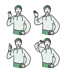シンプル　イラスト　いろいろなポーズをとる配達員の男性セット