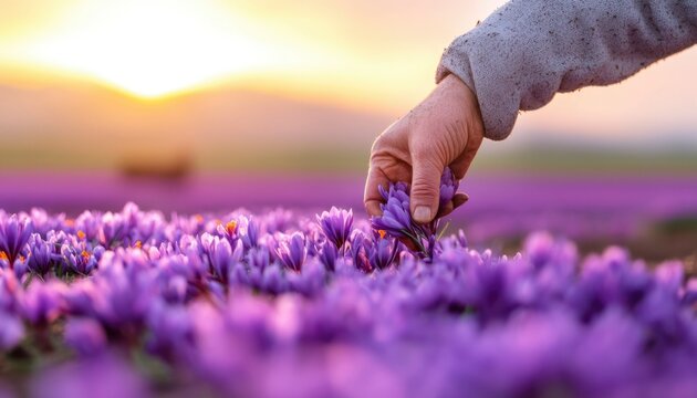 Hand picking saffron flowers in field at sunset