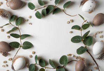 Beautiful spring composition with tender eucalyptus, decorative eggs and willow catkins. Happy Easter concept with copy space for your text.