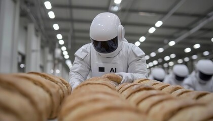 Astronauts Inspecting Bread Loaves in Bright Facility