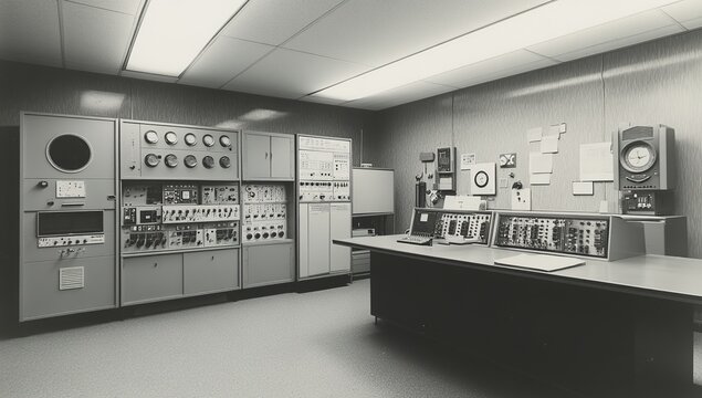 Vintage Technology Room with Grey Cabinets and Control Panels