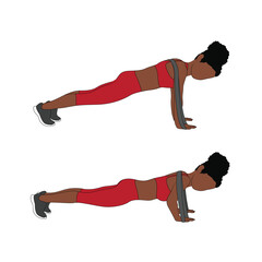A Black African woman in red clothing doing push ups exercise with a resistance band. Flat vector illustration isolated on white background