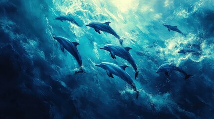 Fototapeta premium A serene ocean stretches across the horizon, with deep blue-green waters dancing in waves of blues and greens. Sunlight glints off the crests, infusing the scene with vibrant life