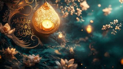 Elegant Golden Lantern with Floral Decor Peaceful Teal Background Serene Atmosphere Luxurious Design Ramadan Kareem Islamic Art Spiritual Meditation Tranquil Scene Artistic Composition Beautiful      