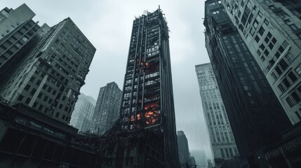 Abandoned Urban Landscape with Ruined Skyscraper and Overcast Sky