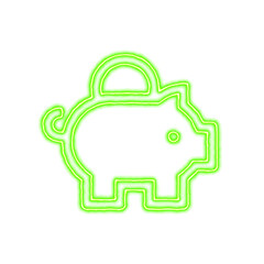 Icon piggy bank from the flow of energy of green color. Shimmering neon