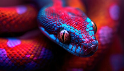 Fototapeta premium Vibrant Red and Blue Snake Coiled in Dark Setting
