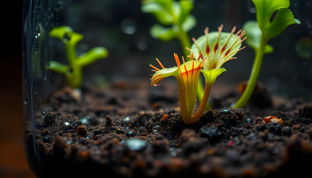 Carnivorous plants in a terrarium in the fog, Intriguing drosera plant in a damp terrarium setup