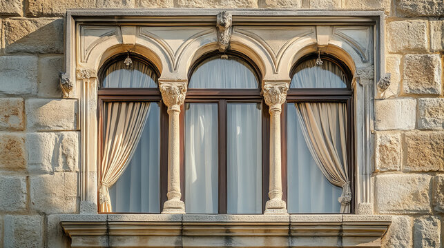 Cartoon windows set, vintage glasses with stone frames, windowsill and curtains inside, retro style arched and rectangular palace or castle exterior design elements isolated vector illustration, icons