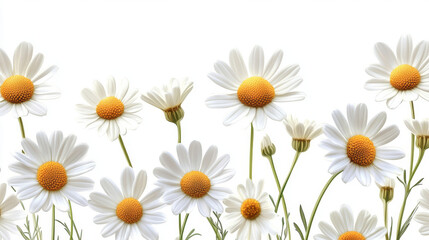 Fototapeta premium Chamomile, daisy flowers isolated on transparent background. Vector realistic set of camomile blossom with white petals and yellow pollen. Spring marguerite, garden or wild floral plant