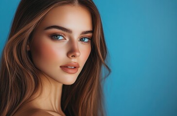 Fototapeta premium beautiful woman with long hair and smooth skin, posing for the camera against a blue background.