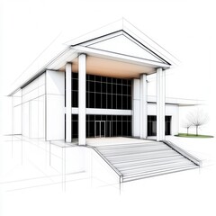 A modern architectural sketch of a building entrance featuring large glass windows, steps, and a canopy supported by columns.