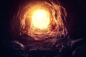 Sunlight illuminating the end of a dark cave creates a stunning display of light with vibrant sunbeams and flares, symbolizing hope, freedom, and new beginnings on an adventurous journey