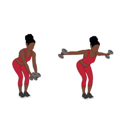 A Black African woman in red clothing doing reverse bent over flies exercise with dumbbells. Flat vector illustration isolated on white background