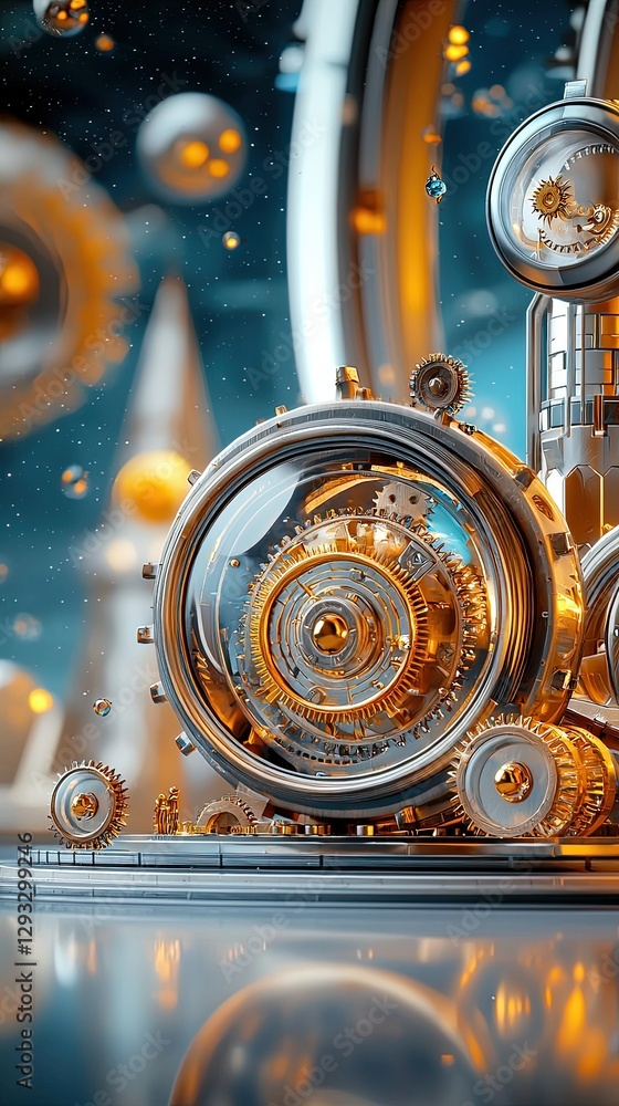 Poster intricate steampunk gears and cogs with futuristic elements in abstract setting