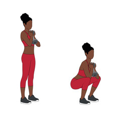 A Black African woman in red clothing doing goblet squat exercise. Flat vector illustration isolated on white background