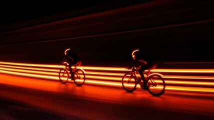 Fototapeta premium Cyclists with Light Trails in Dark Tunnel at Night