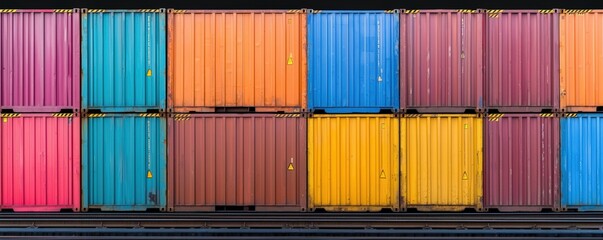 A vibrant arrangement of colorful shipping containers stacked together, showcasing a mix of hues like orange, purple, yellow, and pink.cargo management warehouse scheduling