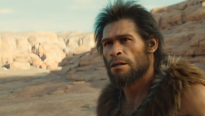 Neanderthal Hunter in a Prehistoric Landscape with Mammoths