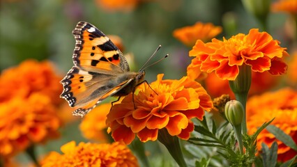 Obraz premium Painted Lady Butterfly on Vibrant Orange Marigold Flowers in a Garden
