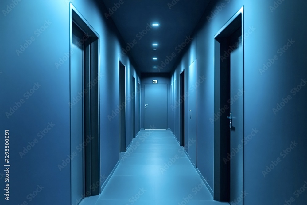 Poster modern, dimly lit corridor with multiple doors and recessed ceiling lights extends into distance, cr