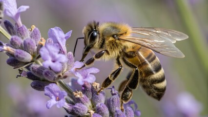 Honeybee Pollinating Lavender Flower Close Up Macro Photography