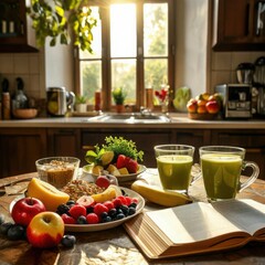 healthy breakfast, a plate of oatmeal, fresh fruits (berries, bananas, apples), a glass of freshly squeezed juice and a cup of green tea Generated AI