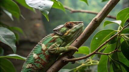 Fototapeta premium Vibrant Green Chameleon on Branch Among Lush Tropical Foliage