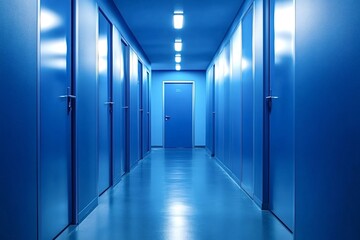 Long empty corridor with many blue doors on both sides and lighting equipment providing bright illumination, creating a mysterious and futuristic atmosphere