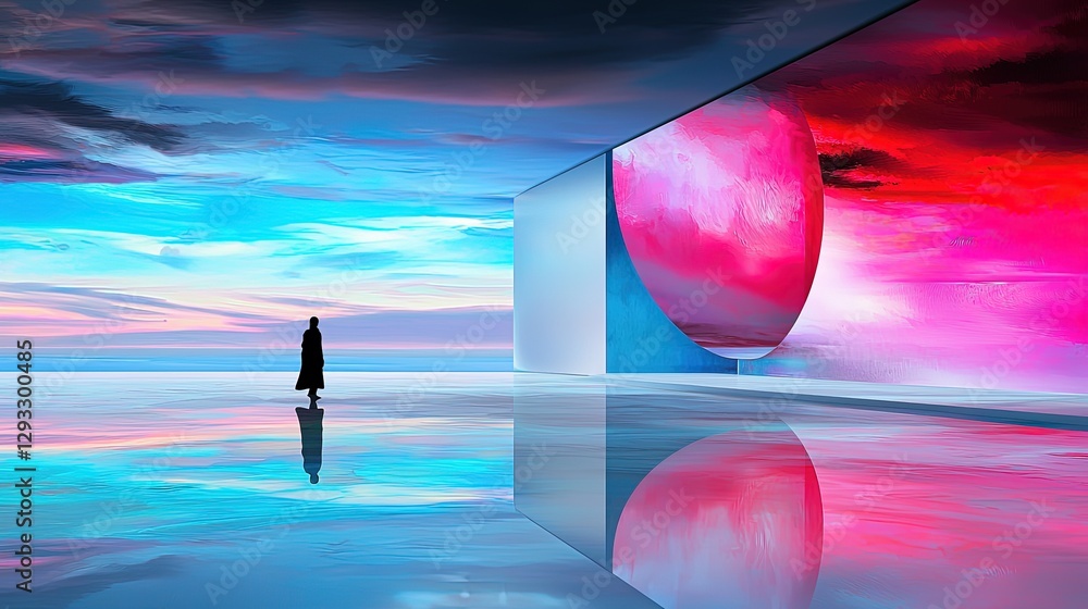 Poster serene reflection of a figure in a colorful abstract landscape with a large sphere