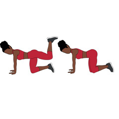 A Black African woman in red clothing doing donkey kicks exercise. Flat vector illustration isolated on white background