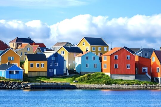 Traditional colorful norwegian wooden houses standing on the coast of vard&oslash;, finnmark county, norway, create a picturesque scenery under a cloudy summer sky