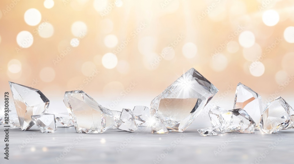 Poster sparkling crystal pieces on soft blurred background with bokeh effects