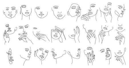 One Line Drawing Set of Female Face. Modern Single Line Art Woman Portrait, Minimalist Contour Drawing. Vector One Line Illustration for Minimalistic Home Décor, Wall Art, Posters, Print, Mobile Case