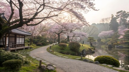 Serene Japanese Garden Path with Cherry Blossoms at Dawn