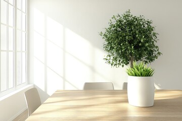 A modern, minimalist white dining room with a sleek wooden table, elegant chairs, and a lush green plant centerpiece.