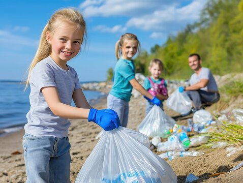 A group of children and a man collect plastic waste from the beach, smiling and promoting environmental care, selective focus