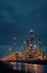 Illuminated oil refinery plant at night. Crude industrial complex with tanks, pipelines, distillation towers. Chemical, petrol production, gasoline supply with fuel, gas, energy manufacturing.