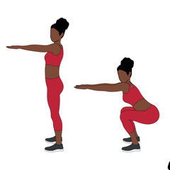 A Black African woman in red clothing doing bodyweight squat exercise for glutes. Flat vector illustration isolated on white background