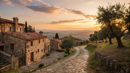 Picturesque Hilltop Village at Sunset Stone Houses Winding Road Tuscany Landscape