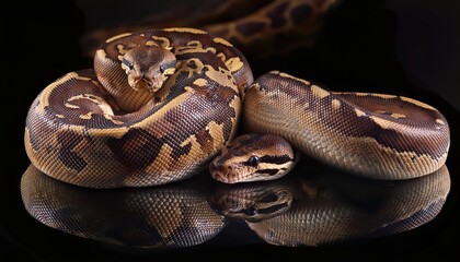 Obraz premium Coiled Ball Python in Striking Detail, Showcasing Mesmerizing Patterns and Vibrant Scales in a Closeup Portrait of this Captivating Reptiles Intricate Design.