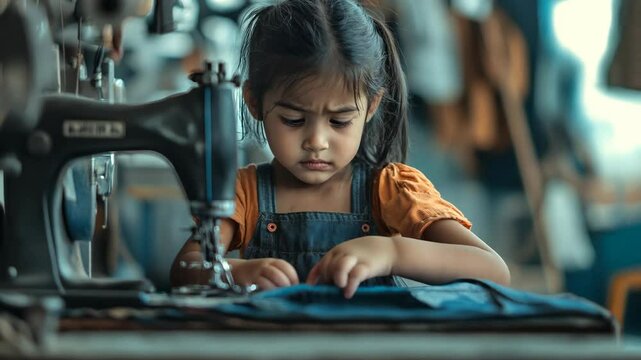 A serious young girl working at a sewing machine in a factory setting, representing child labor and hardship