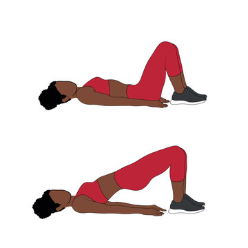 A Black African woman in red clothing doing glute bridges exercise for glutes. Flat vector illustration isolated on white background
