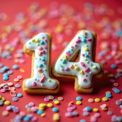 Obraz premium Decorated number 14 cookie for birthday or anniversary celebration. Sweet treat with white glaze, colorful sprinkles on red background. Festive, fun image for party invitation, greeting card.