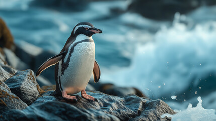 Humboldt penguin stands gracefully on jagged rocks beside crashing ocean waves