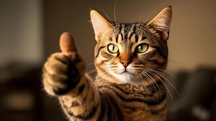 A tabby cat with green eyes giving a thumbs-up gesture