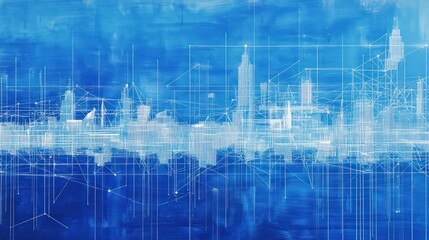 Obraz premium Abstract city skyline, digital network, data flow, blue background, tech concept