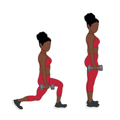 A Black African woman in red clothing doing walking lunges with dumbbells exercise for glutes. Flat vector illustration isolated on white background