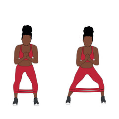 A Black African woman in red clothing doing banded lateral walk exercise for glutes. Flat vector illustration isolated on white background