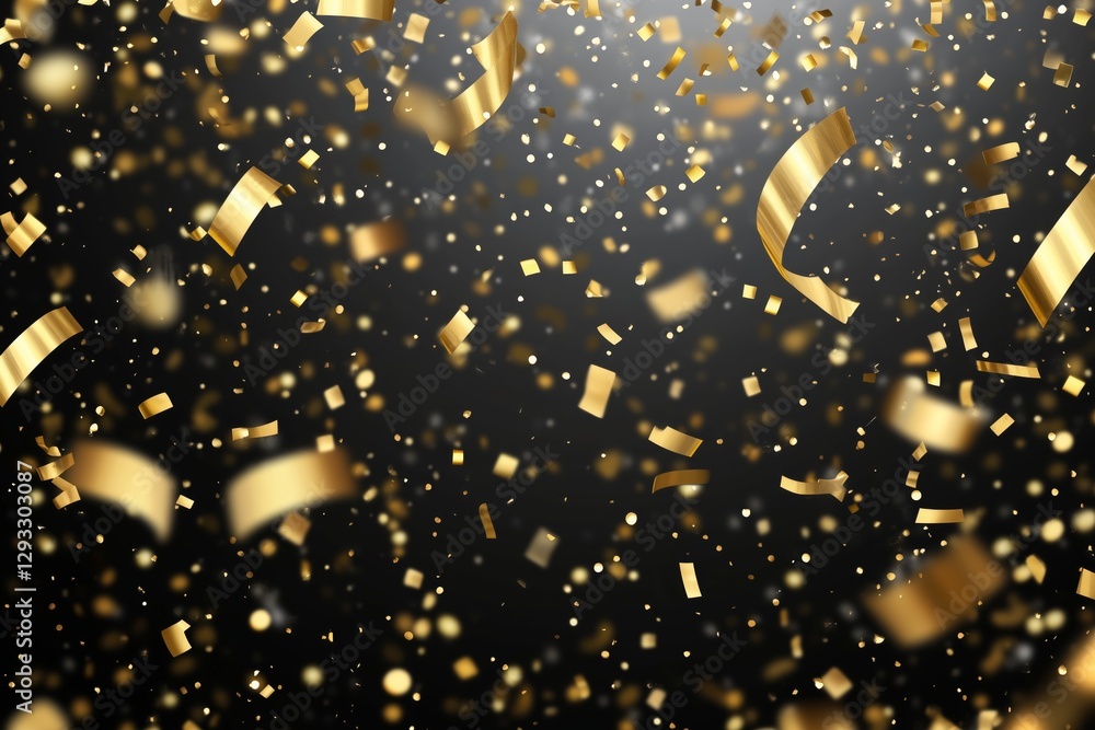 Poster gold confetti cascading against a see-through background with realistic tinsel effect showcasing a l